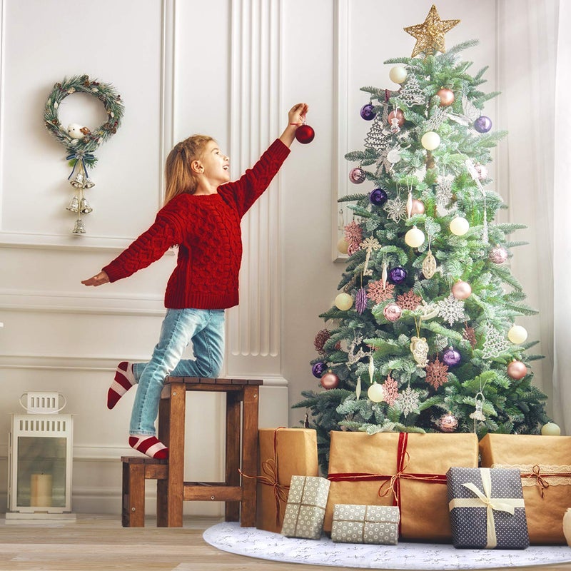 TOBEHIGHER Christmas Tree Skirt - 48 Inches Large Snowy White Faux Fur Tree Skirt with Silver Snowy Pattern for Christmas Decorations, Perfect - Image 3